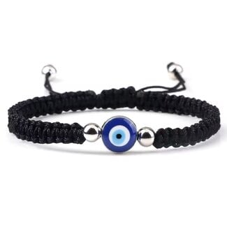 Evil Eye Bracelets - Black Braided Adjustable Single Eye Silver Beads - Parachute String Protection