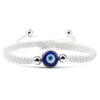 Evil Eye Bracelets - White Braided Adjustable Single Eye Silver Beads - Parachute String Protection