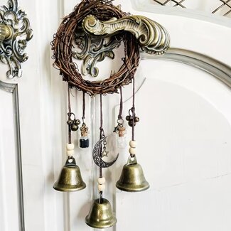 Witch Wicca Bells - 3 Bells Glass Vials Clear Quartz Black Obsidian Bronze Crescent Moon - Hanging Wooden Wreath Protection Door Hanger Wind Chime