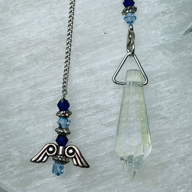 White Angel Aura Quartz Pendulums - Faceted Cone Point 11" Angel Wings Beaded Chain - Divination Dowsing