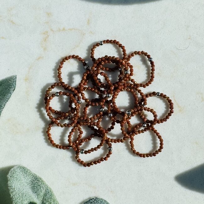 Red Sandstone (Goldstone) Rings - 2mm Adjustable Beaded Stretch Silver Bead Women Sand Gold Stone