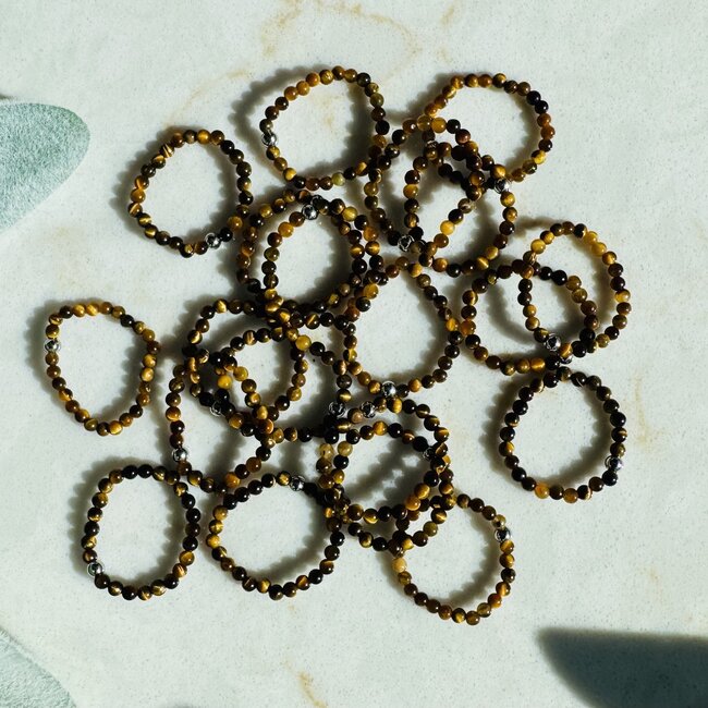 Gold Tigers Eye Rings - 2mm Adjustable Beaded Stretch Silver Bead Women