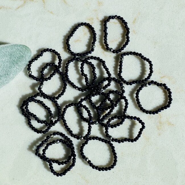 Blue Sandstone (Goldstone) Rings - 2mm Adjustable Beaded Stretch Silver Bead Women Sand Gold Stone