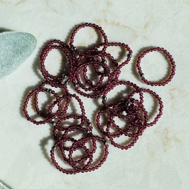 Red Garnet Rings - 2mm Adjustable Beaded Stretch Silver Bead Women