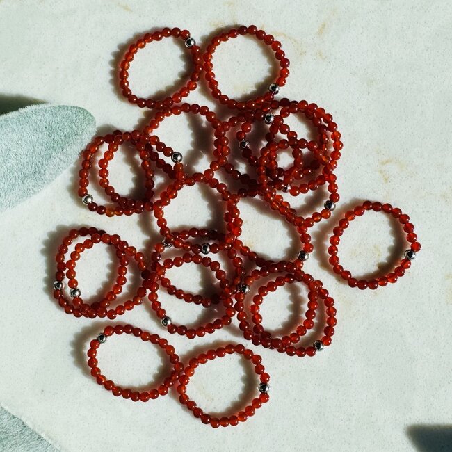 Carnelian Rings - 2mm Adjustable Beaded Stretch Silver Bead Women