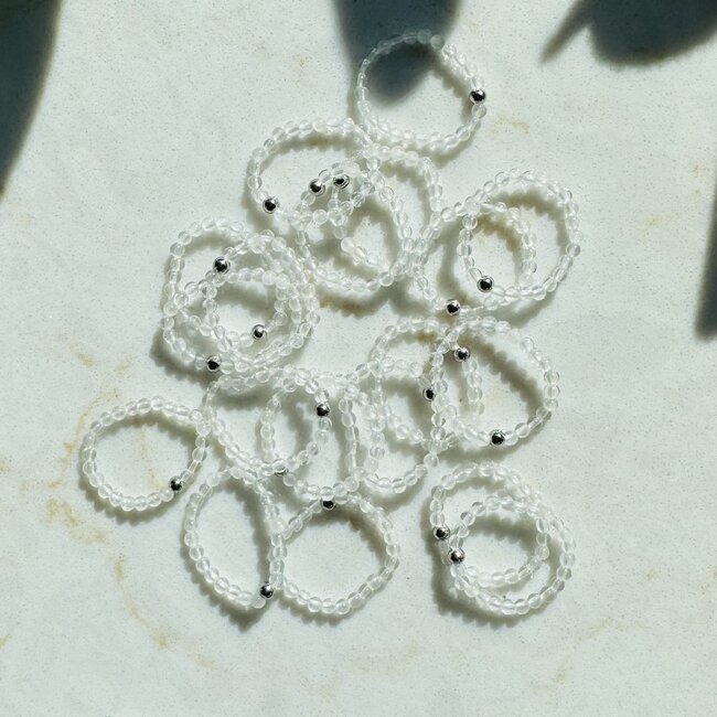 Clear (Crystal) Quartz Rings - 2mm Adjustable Beaded Stretch Silver Bead Women