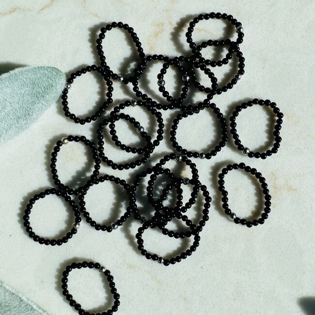 Black Obsidian Rings - 2mm Adjustable Beaded Stretch Silver Bead Women