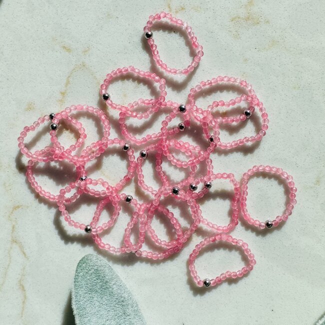 Rose Quartz Rings - 2mm Adjustable Beaded Stretch Silver Bead Women (Color Enhanced)