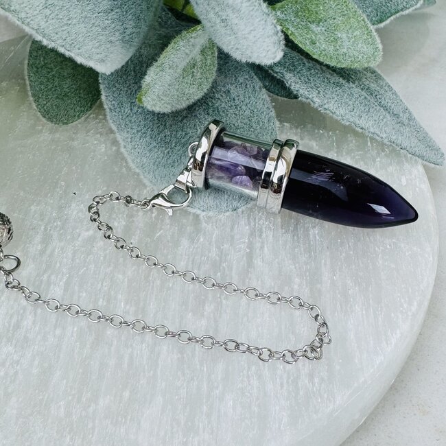 Amethyst Pendulums - Drop Chambered Chips Cone Point - Silver Bead & Chain 9-10" Divination Dowsing
