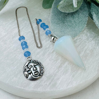 Opalite Pendulums - Hexagonal Faceted Cone Point Blue Beads Sun & Moon Charm - Silver Chain Divination Dowsing