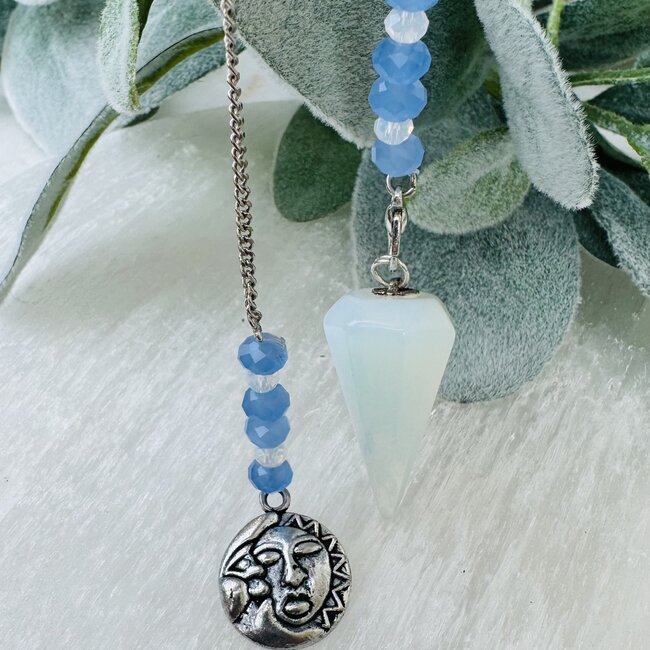 Opalite Pendulums - Hexagonal Faceted Cone Point Blue Beads Sun & Moon Charm - Silver Chain Divination Dowsing