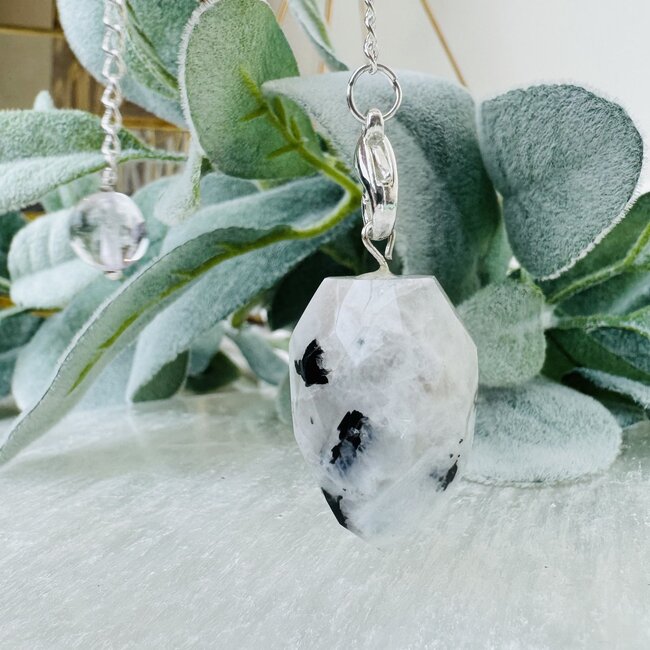 Rainbow Moonstone Pendulums - Faceted Teardrop 8-9" - Silver Chain Divination Dowsing