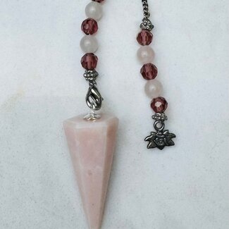 Pink Opal Pendulums - Hexagonal Faceted Cone Point Light & Dark Pink Beads Lotus Charm Silver Chain 11" Divination Dowsing