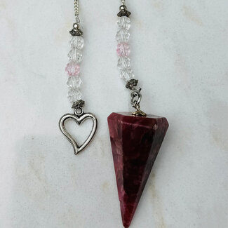 Rhodonite Pendulums - Hexagonal Faceted Point Pink Faceted Beads Heart Charm Silver Chain 11" - Dowsing  Divination