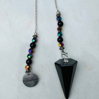 Black Tourmaline Pendulums - Hexagonal Faceted Cone Point Rainbow Aura Beads Protection Charm Silver Chain 11" Divination Dowsing