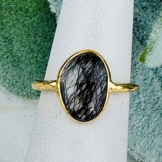 Black Tourmaline in Clear Quartz (Tourmalated Tourmalinated Rutilated Quartz) Rings - Size 6 Faceted Free Form Bezel Set - 18k Gold Vermeil