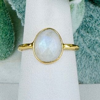 Rainbow (White) Moonstone Rings - Size 7 Faceted Free Form Bezel Set - 18k Gold Vermeil
