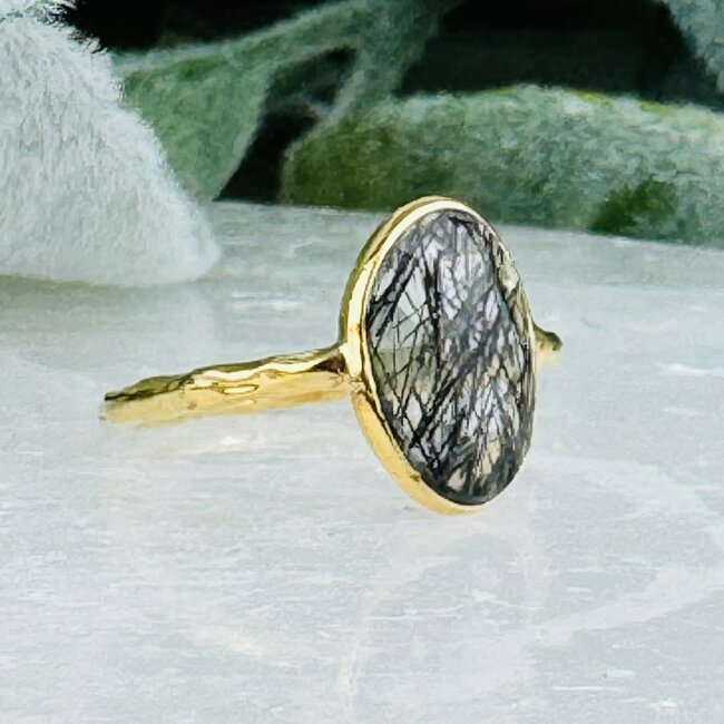 Black Tourmaline in Clear Quartz (Tourmalated Tourmalinated Rutilated Quartz) Rings - Size 6 Faceted Free Form Bezel Set - 18k Gold Vermeil