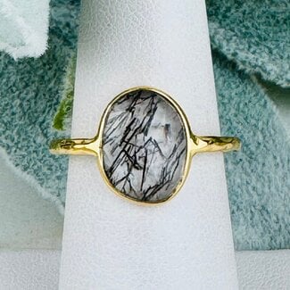 Black Tourmaline in Clear Quartz (Tourmalated Tourmalinated Rutilated Quartz) Rings - Size 9 Faceted Free Form Bezel Set - 18k Gold Vermeil