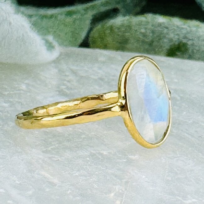 Rainbow (White) Moonstone Rings - Size 7 Faceted Free Form Bezel Set - 18k Gold Vermeil