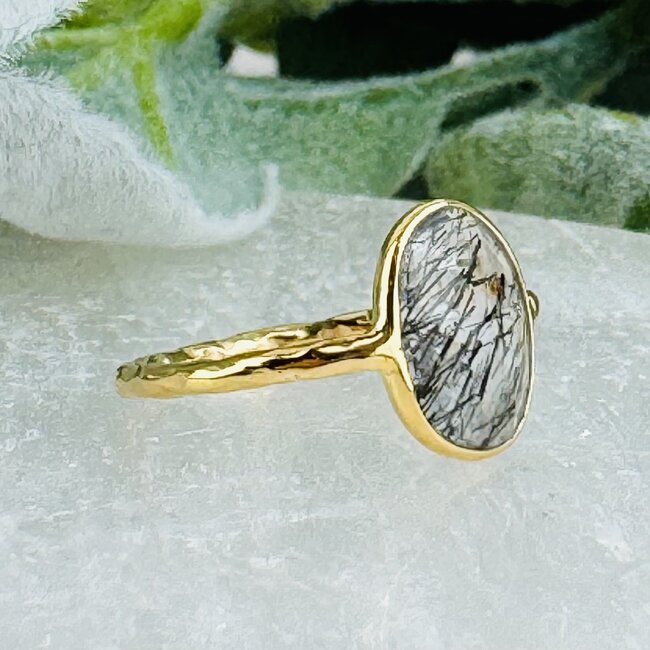 Black Tourmaline in Clear Quartz (Tourmalated Tourmalinated Rutilated Quartz) Rings - Size 9 Faceted Free Form Bezel Set - 18k Gold Vermeil