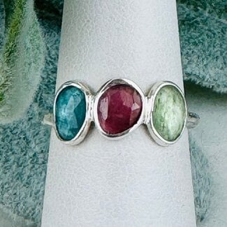 Green Pink (Watermelon) & Blue Toumaline Rings - Size 6 Faceted Free Form Bezel Set - Sterling Silver