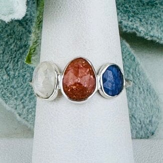 Sunstone Tanzanite & Rainbow Moonstone Rings - Size 7 Faceted Free Form Bezel Set - Sterling Silver