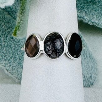 Tourmalated Quartz Smoky (Smokey) Quartz & Black Onyx Rings - Size 7 Faceted Free Form Bezel Set - Sterling Silver