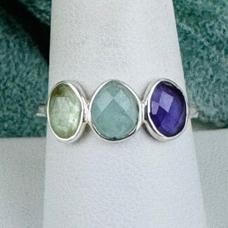 Green & Blue Kyanite Amethyst Rings - Size 8 Faceted Free Form Bezel Set - Sterling Silver