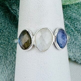 Rainbow Moonstone Tanzanite & Labradorite Rings - Size 8 Faceted Free Form Bezel Set - Sterling Silver