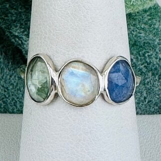 Rainbow Moonstone Tanzanite & Mint Green Kyanite Rings - Size 8 Faceted Free Form Bezel Set - Sterling Silver