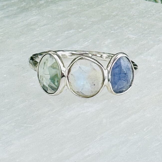 Rainbow Moonstone Tanzanite & Mint Green Kyanite Rings - Size 8 Faceted Free Form Bezel Set - Sterling Silver
