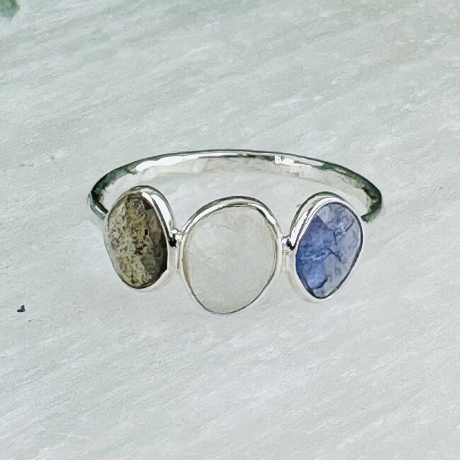 Rainbow Moonstone Tanzanite & Labradorite Rings - Size 8 Faceted Free Form Bezel Set - Sterling Silver