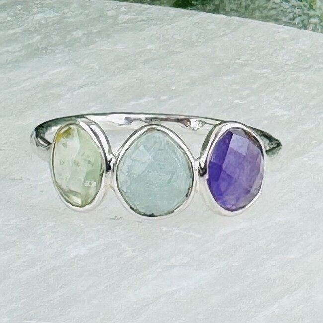 Green & Blue Kyanite Amethyst Rings - Size 8 Faceted Free Form Bezel Set - Sterling Silver