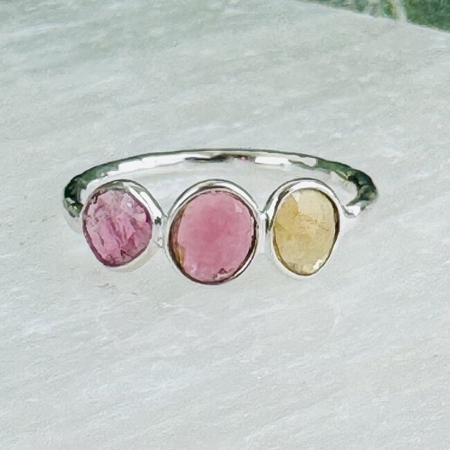 Pink & Yellow Tourmaline Rings - Size 7 Faceted Free Form Bezel Set - Sterling Silver