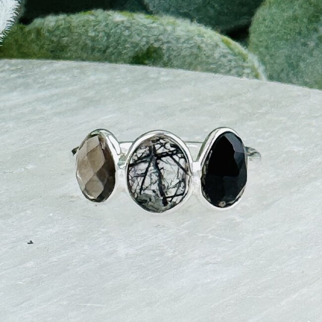 Tourmalated Quartz Smoky (Smokey) Quartz & Black Onyx Rings - Size 7 Faceted Free Form Bezel Set - Sterling Silver