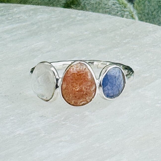 Sunstone Tanzanite & Rainbow Moonstone Rings - Size 7 Faceted Free Form Bezel Set - Sterling Silver