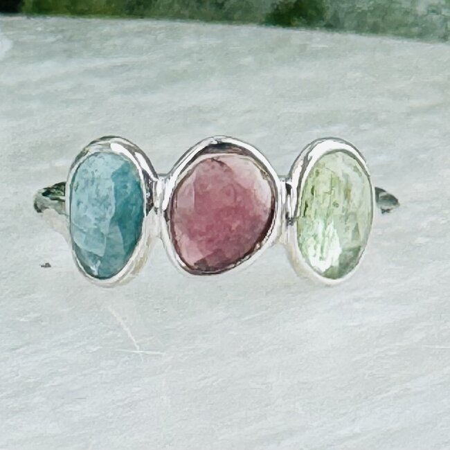 Green Pink (Watermelon) & Blue Toumaline Rings - Size 6 Faceted Free Form Bezel Set - Sterling Silver