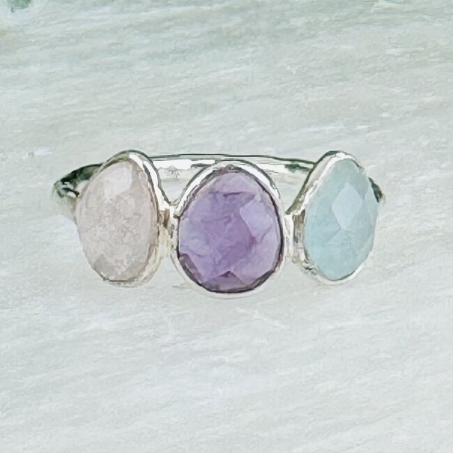 Amethyst Rose Quartz & Blue Kyanite Rings - Size 6 Faceted Free Form Bezel Set - Sterling Silver