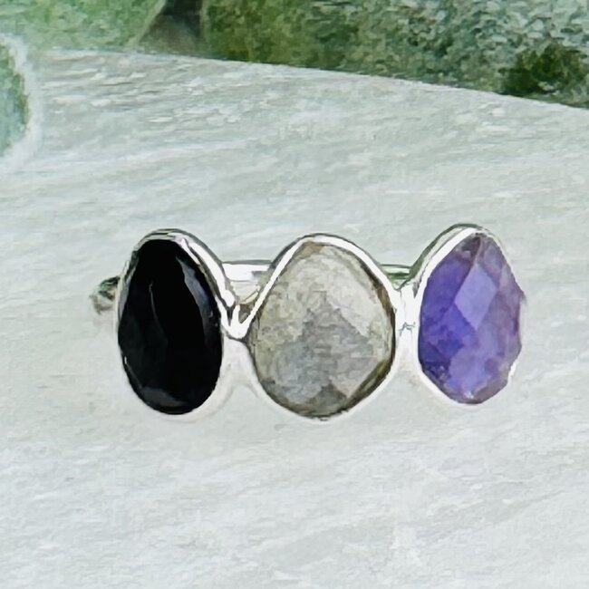 Labradorite Amethyst & Black Onyx Rings - Size 5 Faceted Free Form Bezel Set - Sterling Silver