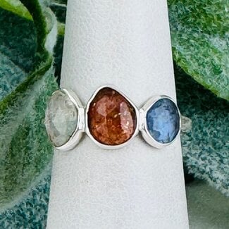 Sunstone Tanzanite & Rainbow Moonstone Rings - Size 5 Faceted Free Form Bezel Set - Sterling Silver