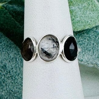 Tourmalated Rutilated Quartz Smoky Quartz & Black Onyx Rings - Size 6 Faceted Free Form Bezel Set - Sterling Silver