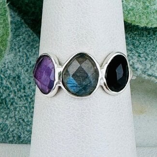 Labradorite Amethyst & Black Onyx Rings - Size 6 Faceted Free Form Bezel Set - Sterling Silver