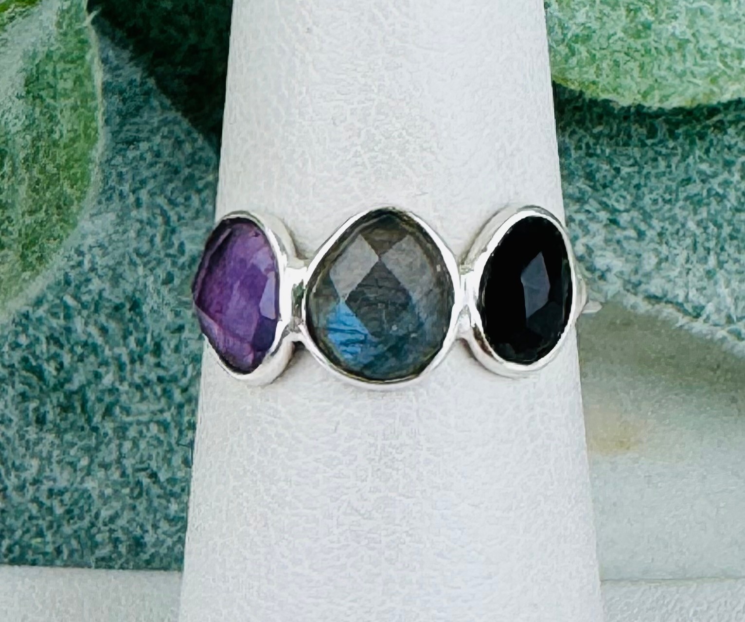 Labradorite Amethyst & Black Onyx Rings - Size 6 Faceted Free Form