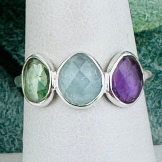 Blue & Green Kyanite Amethyst Rings - Size 7 Faceted Free Form Bezel Set - Sterling Silver