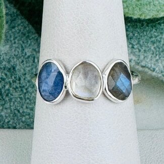 Rainbow Moonstone Tanzanite Labradorite Rings - Size 7 Faceted Free Form Bezel Set - Sterling Silver