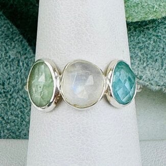 Rainbow Moonstone Blue Apatite & Green Kyanite Rings - Size 7 Faceted Free Form Bezel Set - Sterling Silver