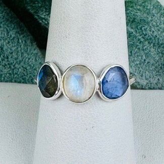 Rainbow Moonstone Tanzanite & Labradorite Rings - Size 9 Faceted Free Form Bezel Set - Sterling Silver