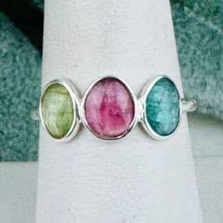 Green Pink (Watermelon) Blue Tourmaline Rings - Size 8 Faceted Free Form Bezel Set - Sterling Silver