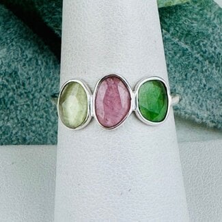 Light & Dark Green Pink (Watermelon) Tourmaline Rings - Size 8 Faceted Free Form Bezel Set - Sterling Silver
